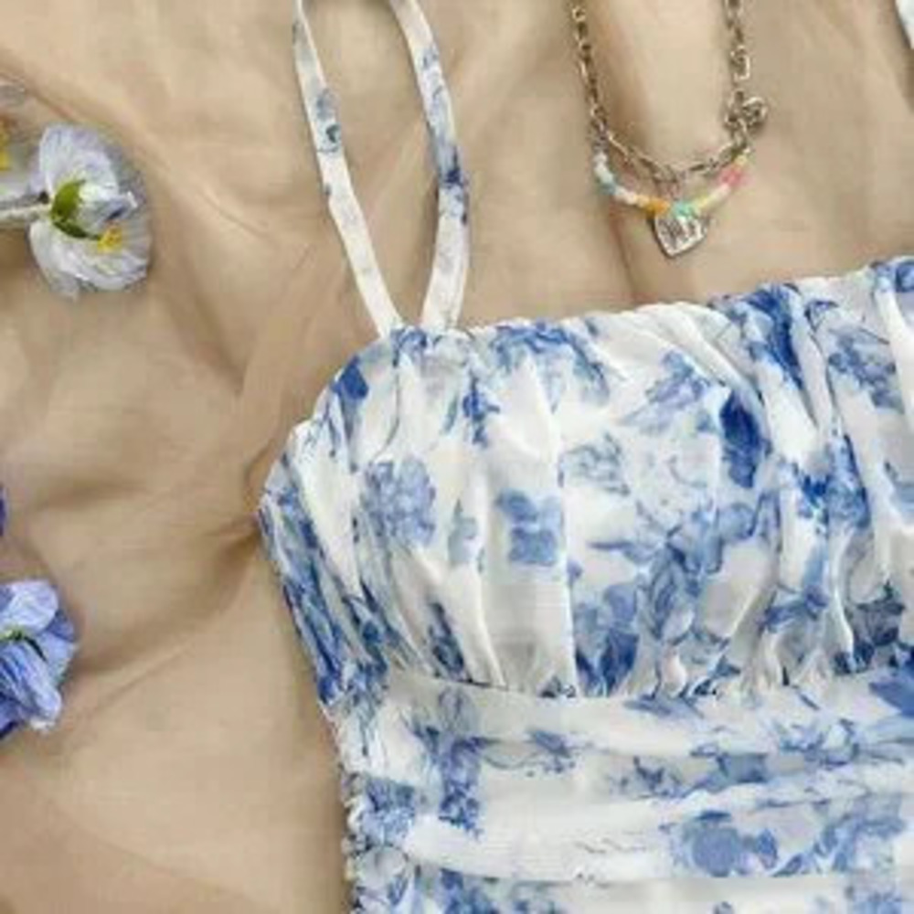 Blue And White Boho Women's Floral Mesh Halterneck Vacation Dress - Picture 3 of 5